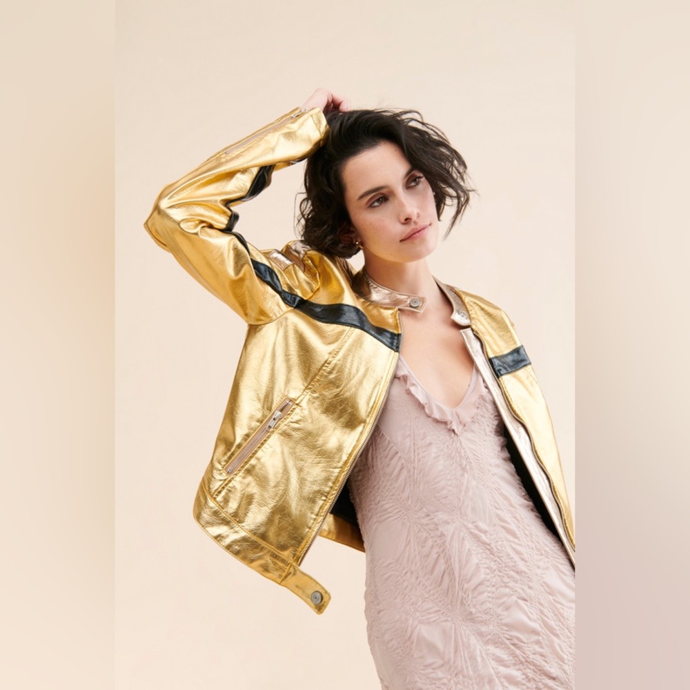 We The Free by Free People Fast Lane Metallic Moto Jacket Vegan Leather sz XS